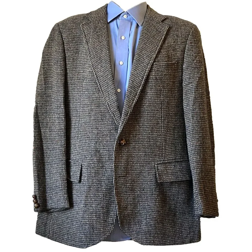 Stanley Blacker Vintage Tweed Wool Sport Coat Gray Fleck Check 42 44 USA Preppy